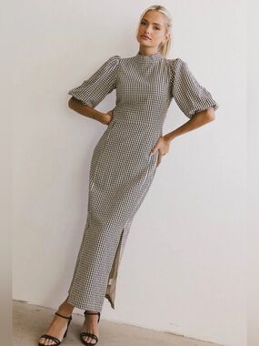 Bohme Alex Gingham Dress in Black Puff Sleeves Size XS NEW